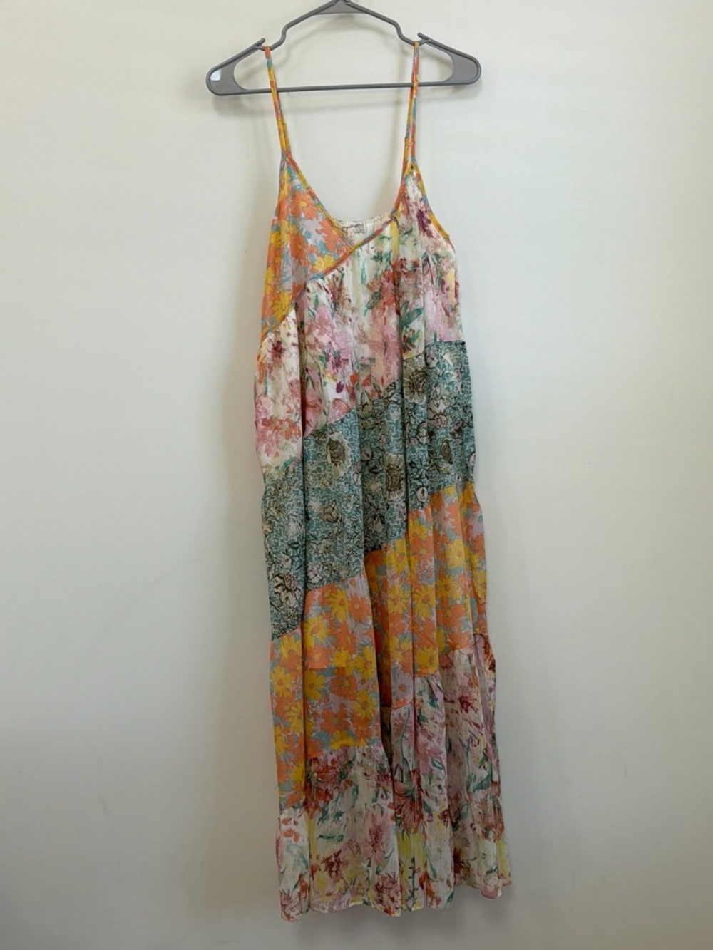 Mystree Orange Multi Floral Print Mixed V-Neck Patchwork Midi Dress NWT M